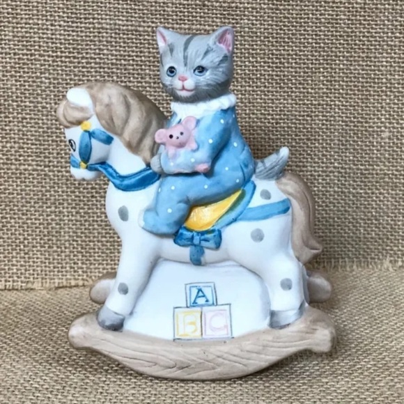 Vintage Other - SOLD Vintage Schmid Kitty Cucumber Gray Tabby Cat On Rocking Horse Figurine